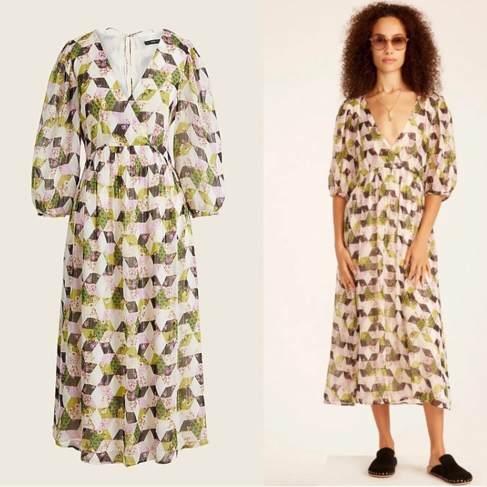 J. Crew Lurex® metallic threads Chiffon Midi Dress in patchwork print